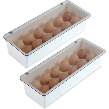 Държач за яйца в опаковка от 2 теми за хладилник, пластмасов контейнер за съхранение на яйца от 12 нишки, органайзер за хладилник, кутии с капаци