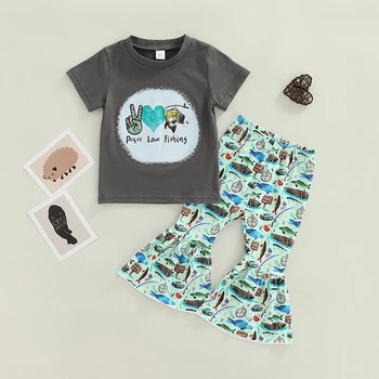 FOCUSNORM/ Летни Комплекти дрехи от 2 теми за момиченца от 1 до 6 години, Тениски с къс ръкав и Надписи + Разкроена Панталони с Изображение на Риба от Анимационен филм